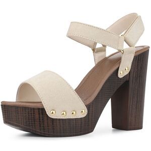 Round Toe Platform Slingback Chunky Heel Sandals Beige